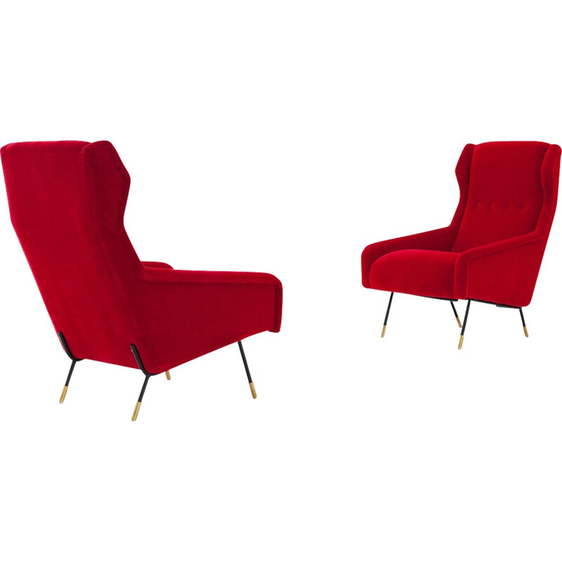 Suite de 2 fauteuils lounge rouges italiens en laiton velours et fer - 1950