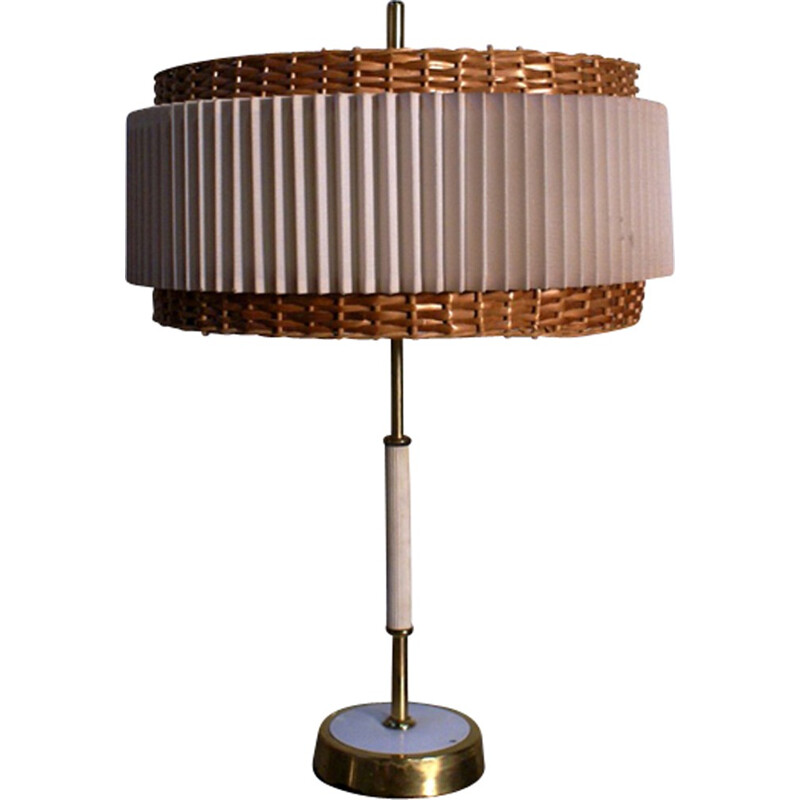 Lampe de Table Vintage DDR en en laiton, rotin, papier et tissu - 1950