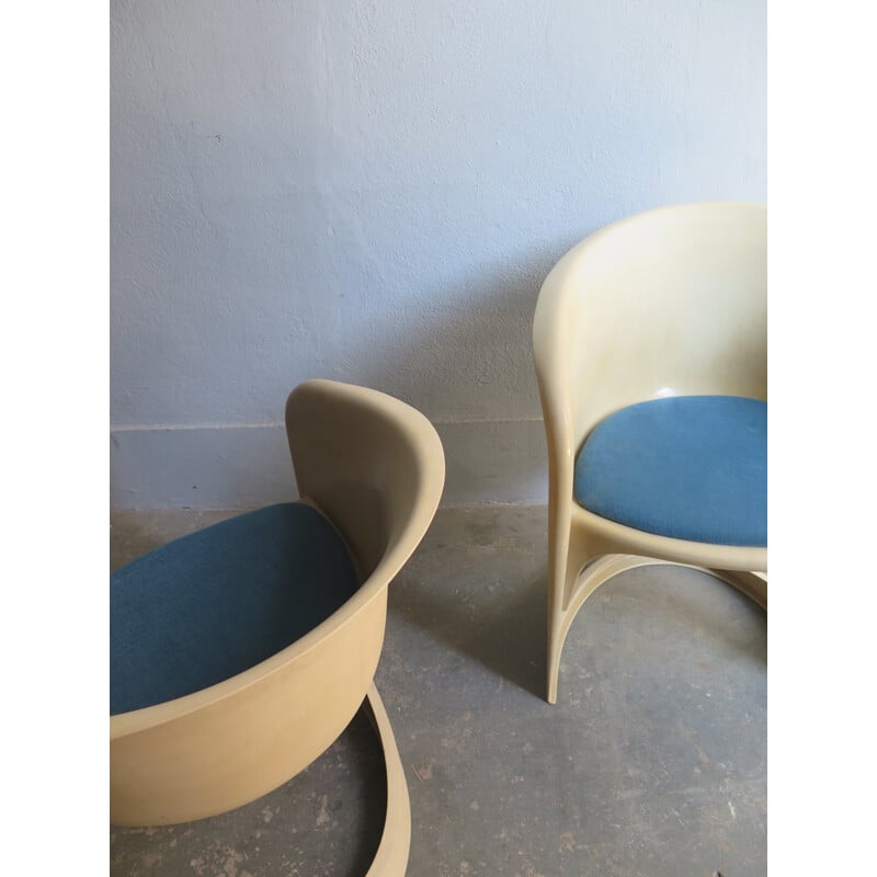 Set of 2 Plastic vintage armchairs with Blue fabric seat - 1970s