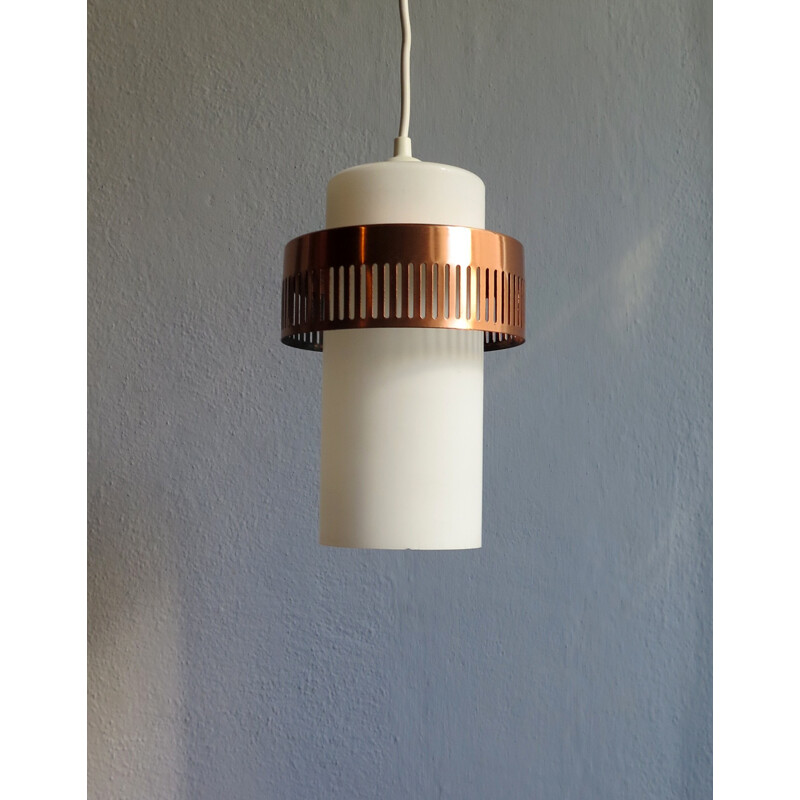 Vintage White glass and coppered ring pendant lamp - 1960s