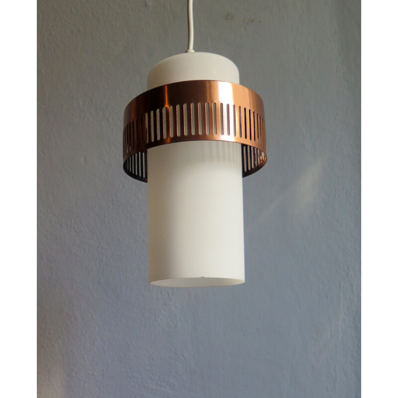 Vintage White glass and coppered ring pendant lamp - 1960s