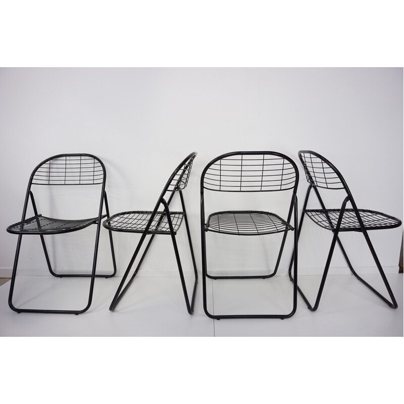 Set of 4 vintage folding chairs in black metal - 1970s