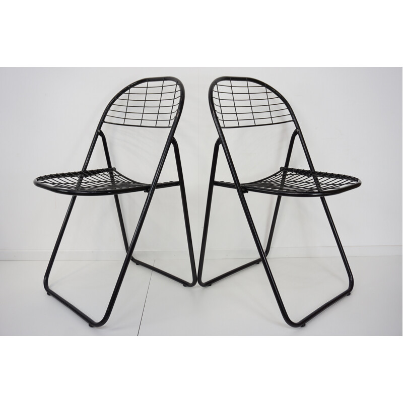 Set of 4 vintage folding chairs in black metal - 1970s