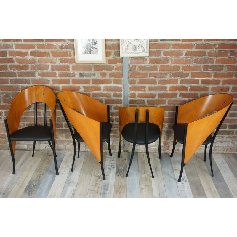 Set of 4 vintage belgian chairs in wood and metal - 1980s