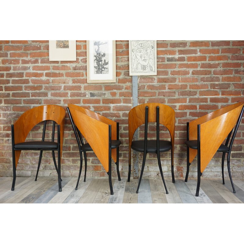 Set of 4 vintage belgian chairs in wood and metal - 1980s