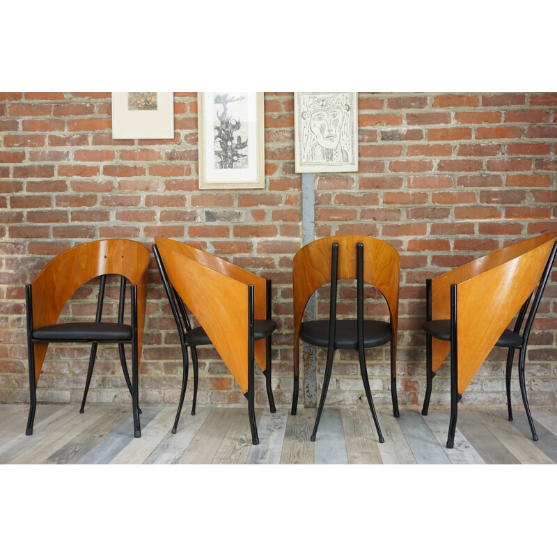 Suite de 4 chaises vintage belges en bois et métal - 1980