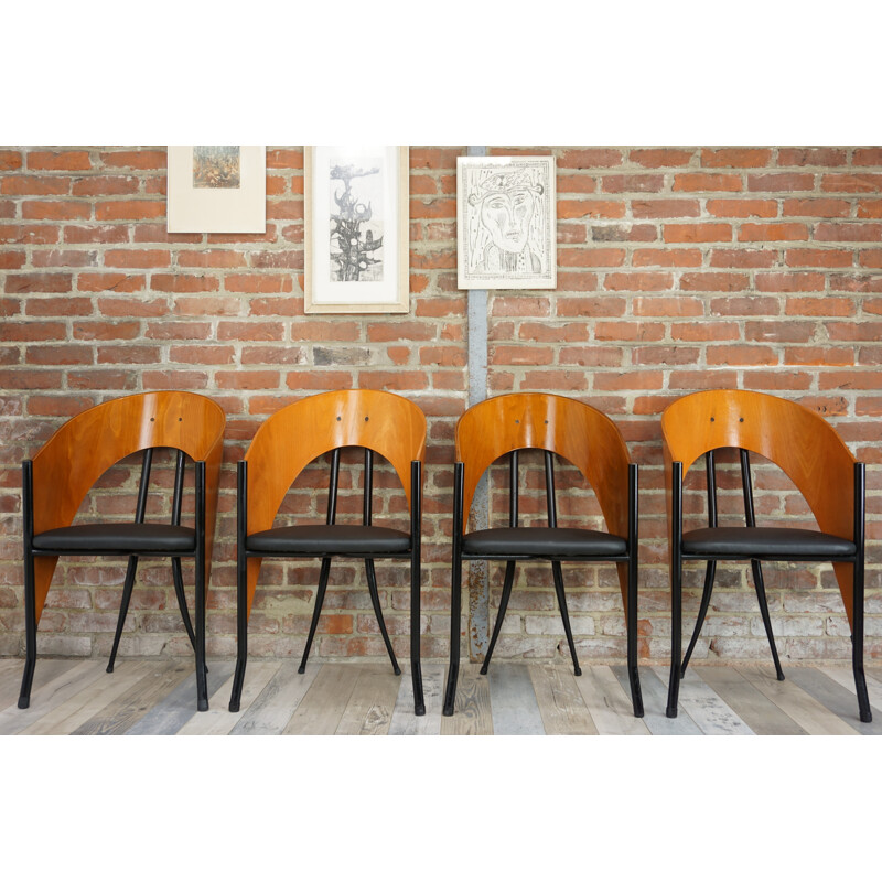 Set of 4 vintage belgian chairs in wood and metal - 1980s