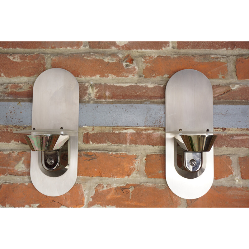 Set of 2 wall lamps in stainless steel and glass - 1980s