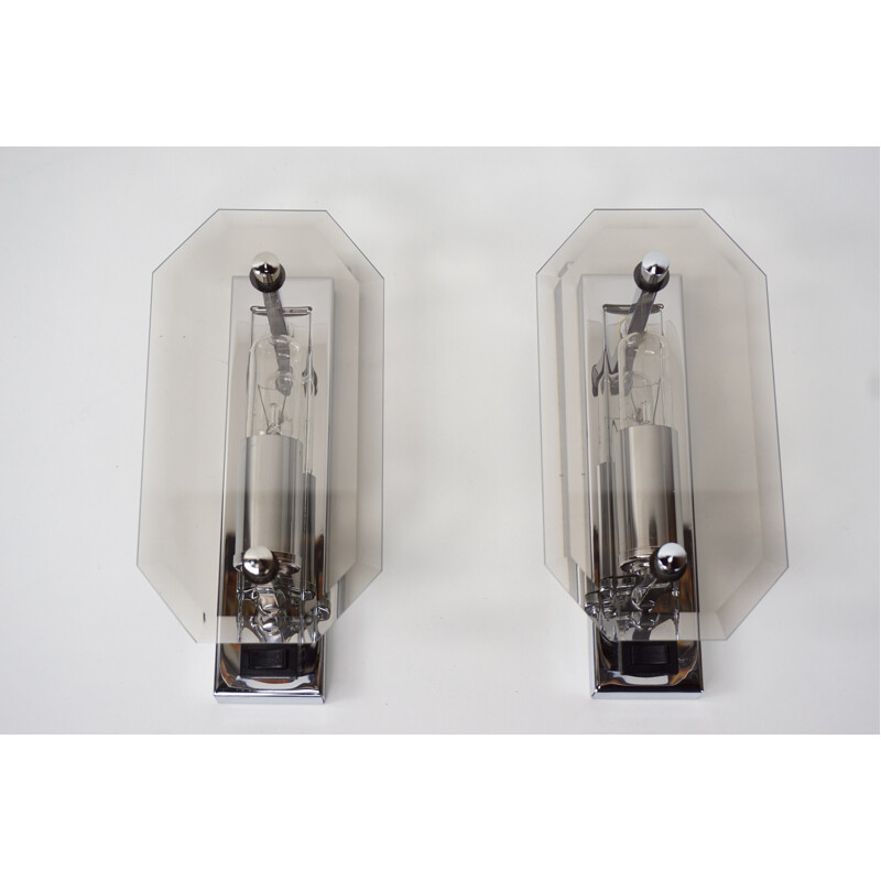 Vintage pair of chromed and smoked glass wall lamps by Sische - 1960s