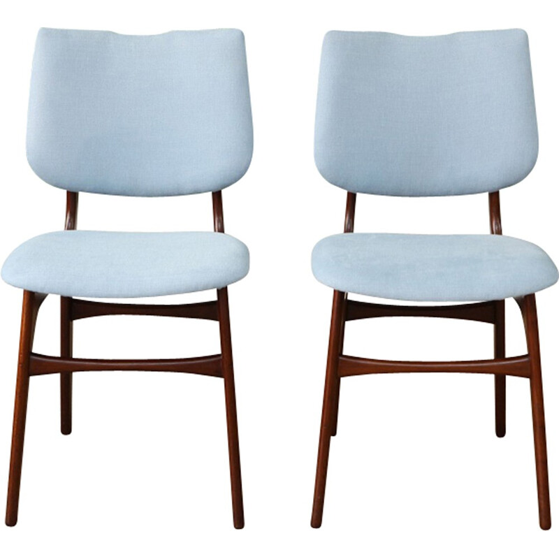 Vintage pair of Dutch teak and light blue cotton dining chairs - 1950s