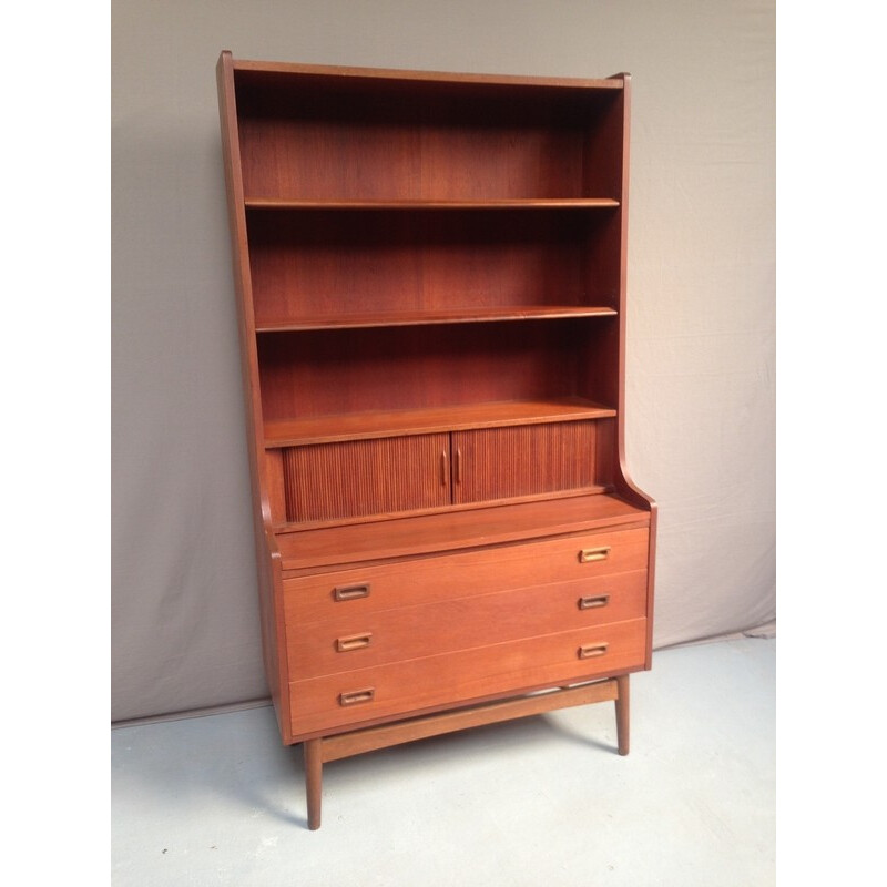 Vintage teak bookcase with 3 large drawers - 1970s