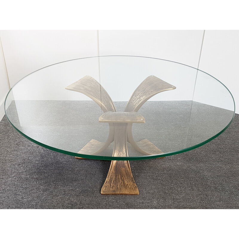 Table basse vintage en bronze & verre securit - 1970
