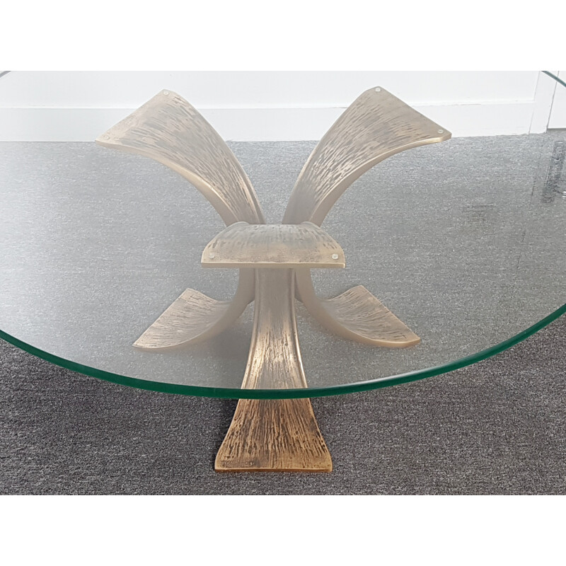 Table basse vintage en bronze & verre securit - 1970
