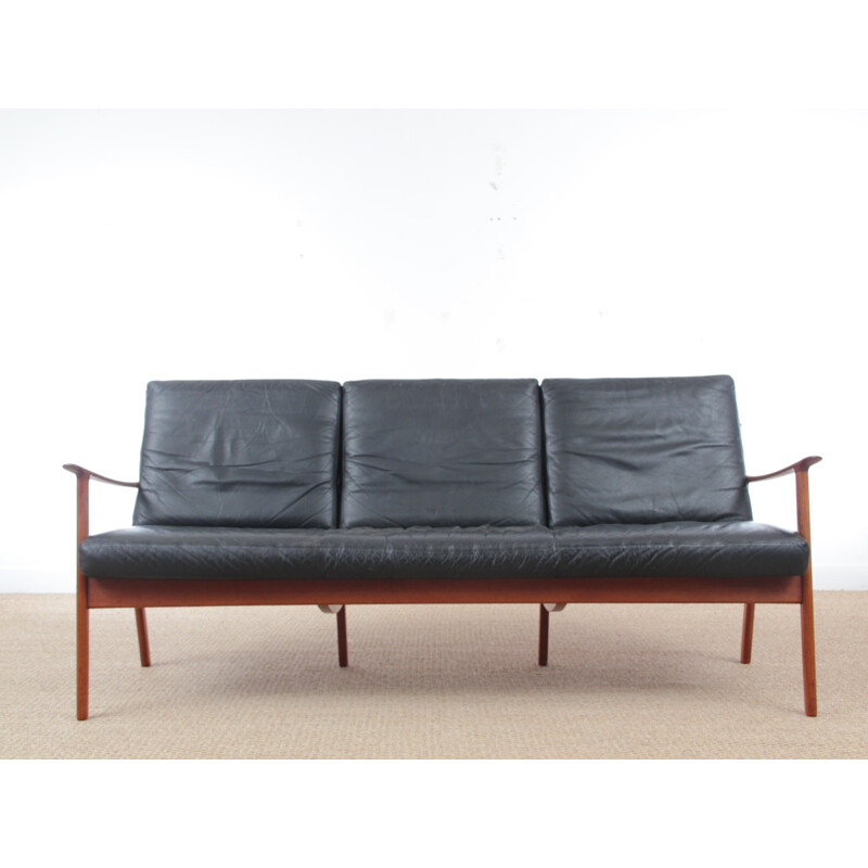 Scandinavian bench 3 seats model PJ112 in teak and leather - 1950s