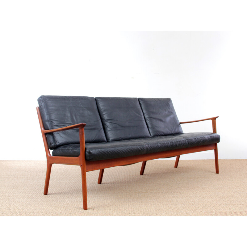 Scandinavian bench 3 seats model PJ112 in teak and leather - 1950s