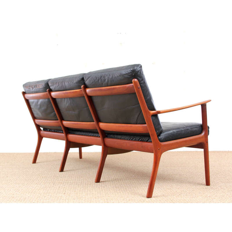 Scandinavian bench 3 seats model PJ112 in teak and leather - 1950s