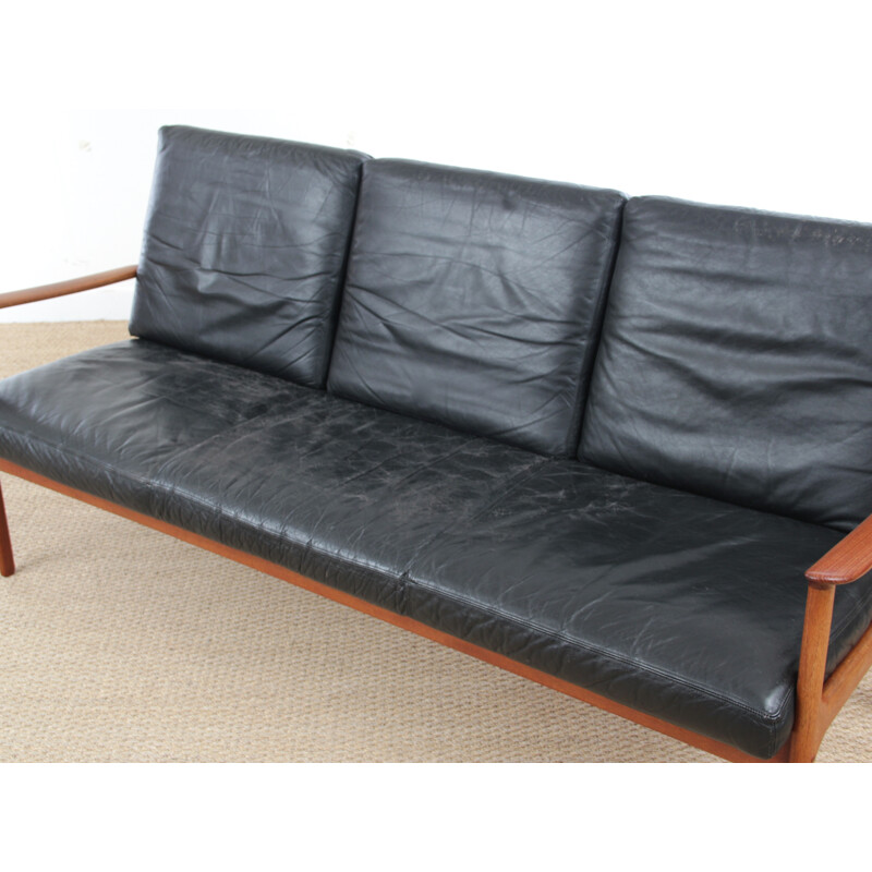 Banquette scandinave à 3 places modèle PJ112 en teck et cuir - 1950