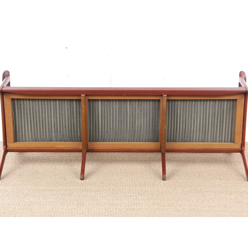 Scandinavian bench 3 seats model PJ112 in teak and leather - 1950s