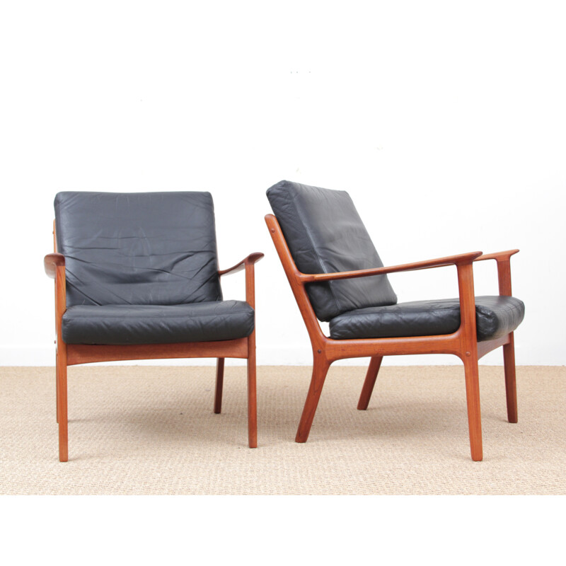 Set of 2 scandinavian armchairs model PJ112 in teak and leather - 1950s