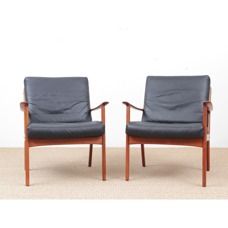 Set of 2 scandinavian armchairs model PJ112 in teak and leather - 1950s