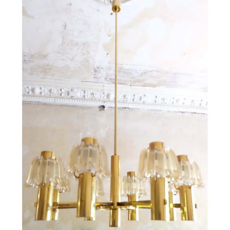 Large Doria Vintage Brass and Frosted Glass Chandelier - 1960s