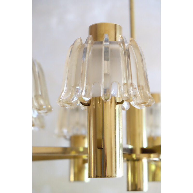 Large Doria Vintage Brass and Frosted Glass Chandelier - 1960s