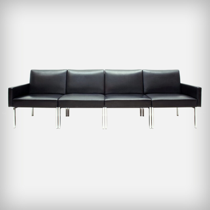 Vintage Black Leather & Chrome Modular Sofa - 1970s