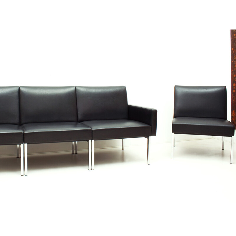 Vintage Black Leather & Chrome Modular Sofa - 1970s