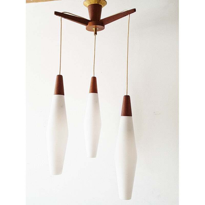 Vintage Scandinavian chandelier in teak & glass - 1960s