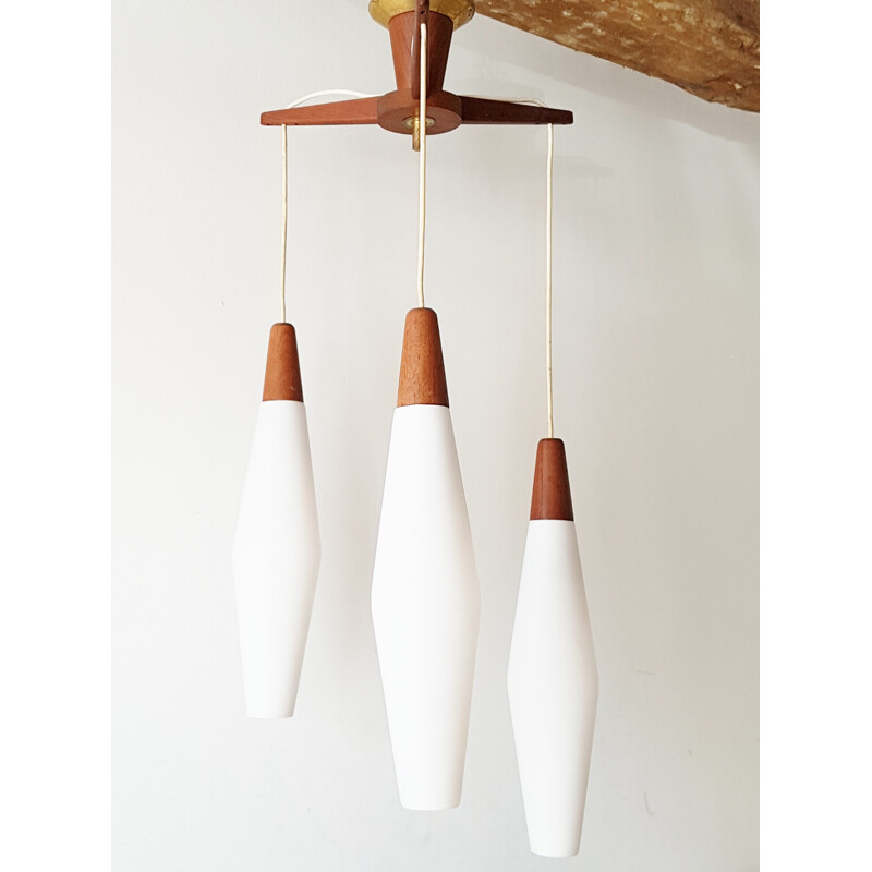 Vintage Scandinavian chandelier in teak & glass - 1960s