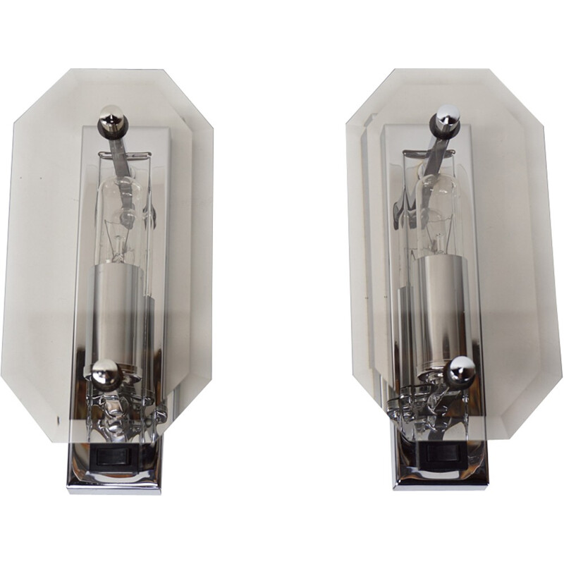 Vintage pair of chromed and smoked glass wall lamps by Sische - 1960s