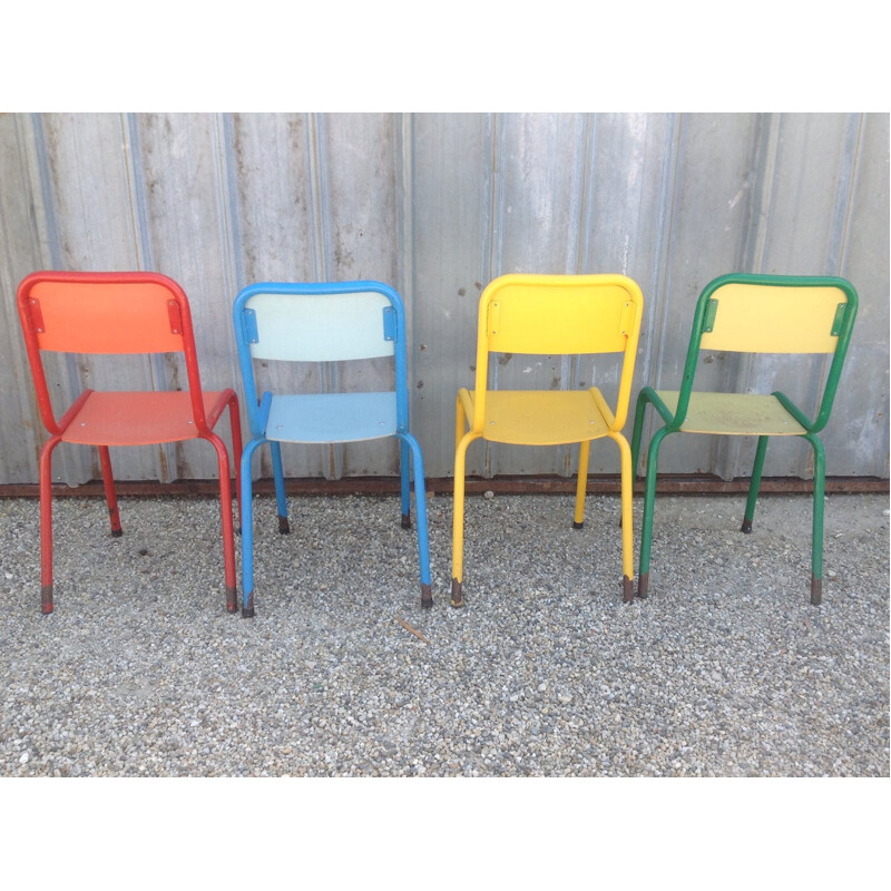 Set of 4 vintage french chairs in metal and wood - 1970s