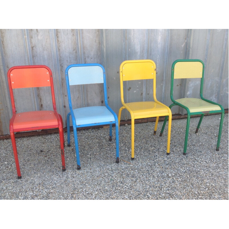 Set of 4 vintage french chairs in metal and wood - 1970s
