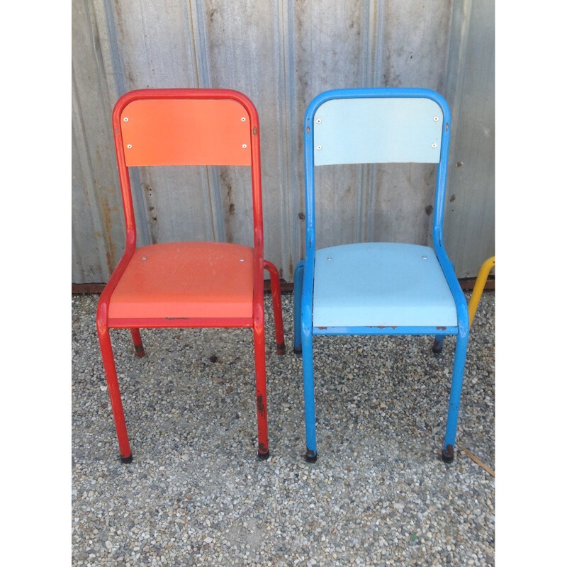 Set of 4 vintage french chairs in metal and wood - 1970s