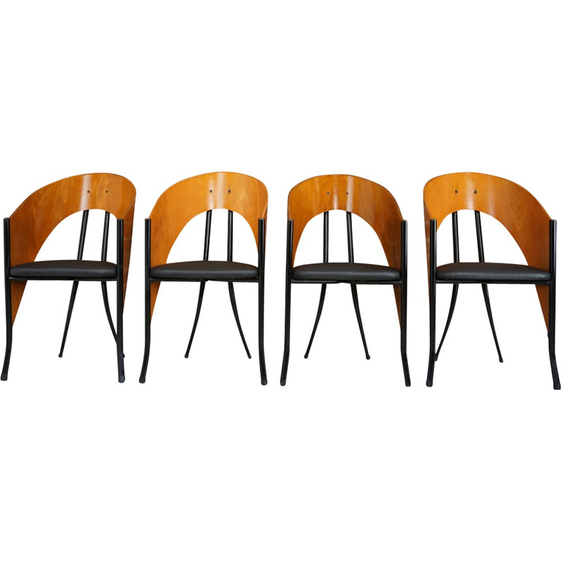 Suite de 4 chaises vintage belges en bois et métal - 1980