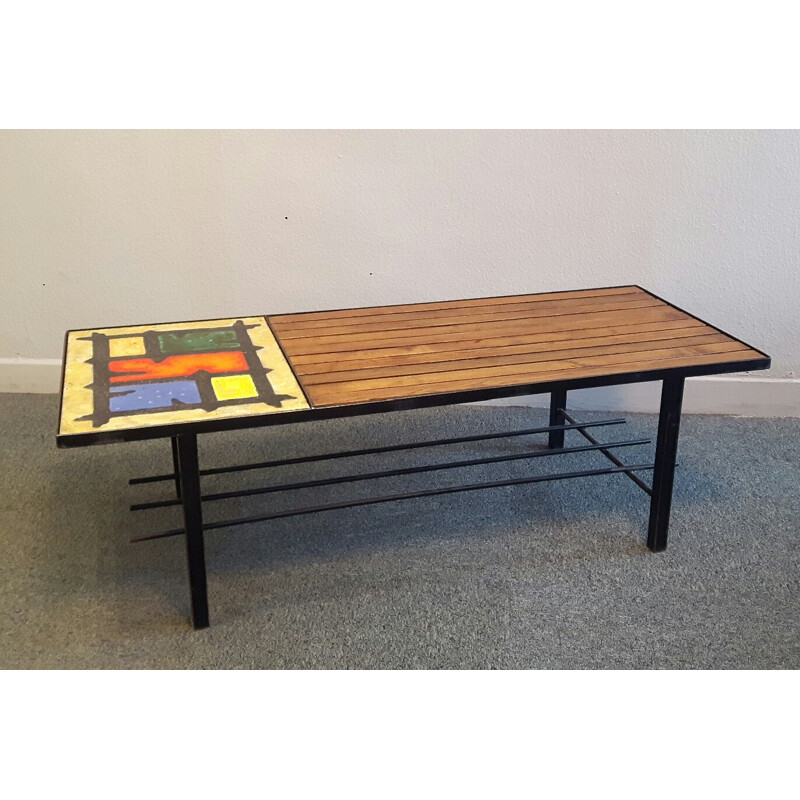 Vintage french coffee table in wood and lava stone - 1950s