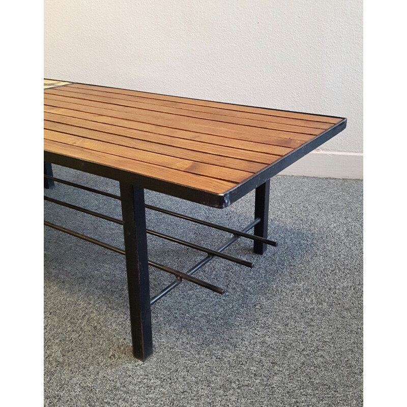 Vintage french coffee table in wood and lava stone - 1950s