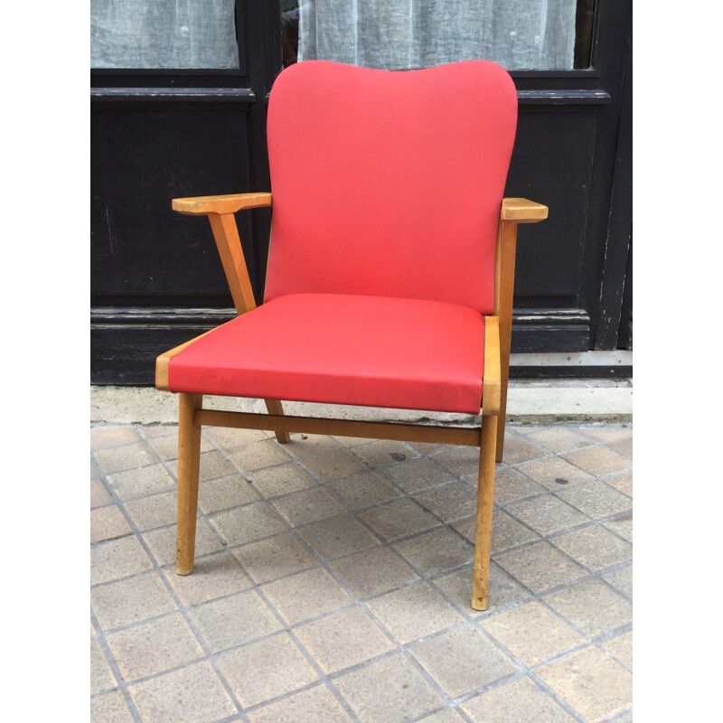 Fauteuil vintage francais rouge en bois et vinyle - 1950