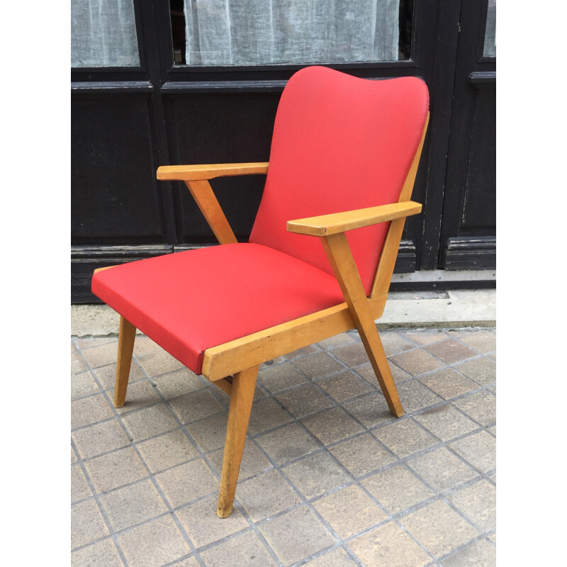 Fauteuil vintage francais rouge en bois et vinyle - 1950