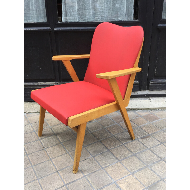 French vintage red armchair in wood and vinyle - 1950s