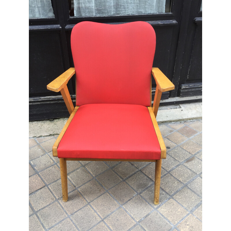 Fauteuil vintage francais rouge en bois et vinyle - 1950