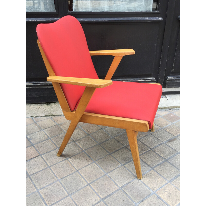 Fauteuil vintage francais rouge en bois et vinyle - 1950