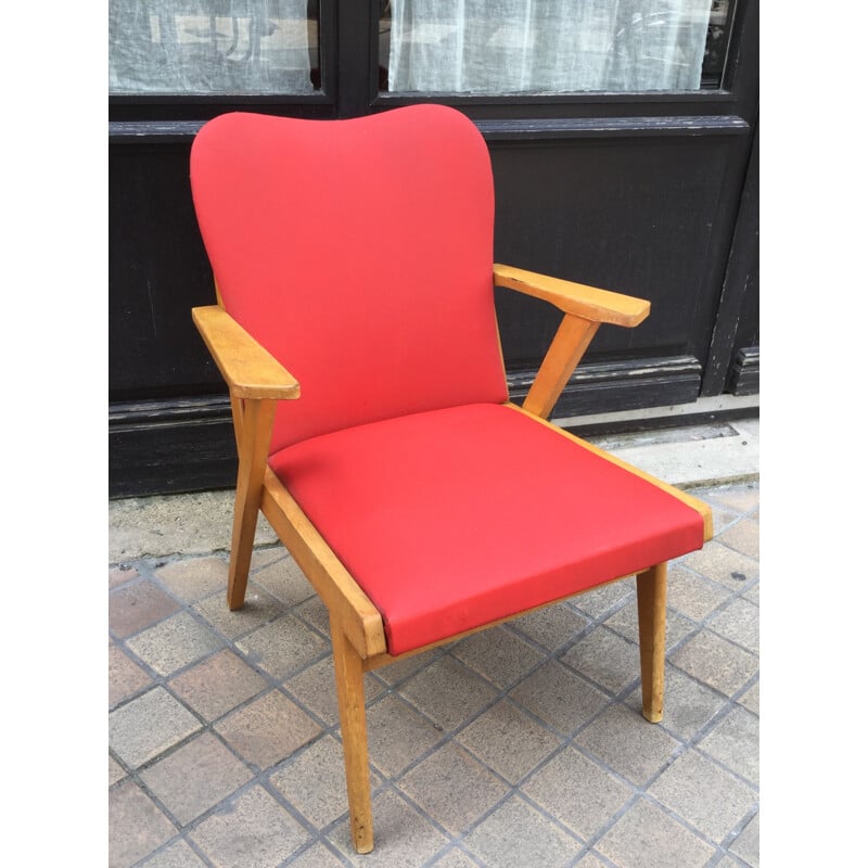 French vintage red armchair in wood and vinyle - 1950s