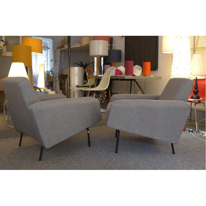 Set of 2 grey vintage armchairs by Pierre Guariche - 1960s
