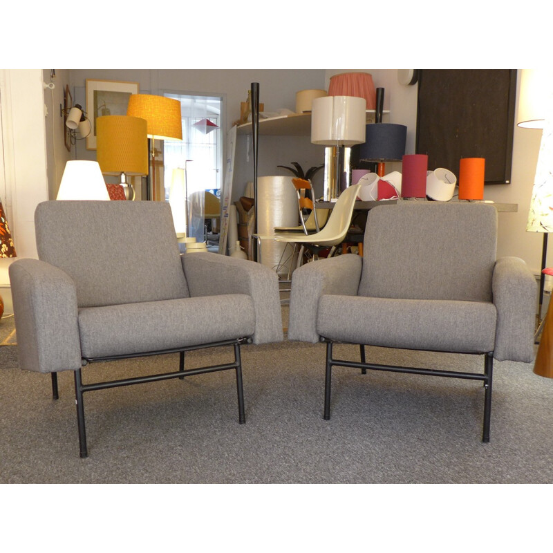 Set of 2 grey vintage armchairs by Pierre Guariche - 1960s