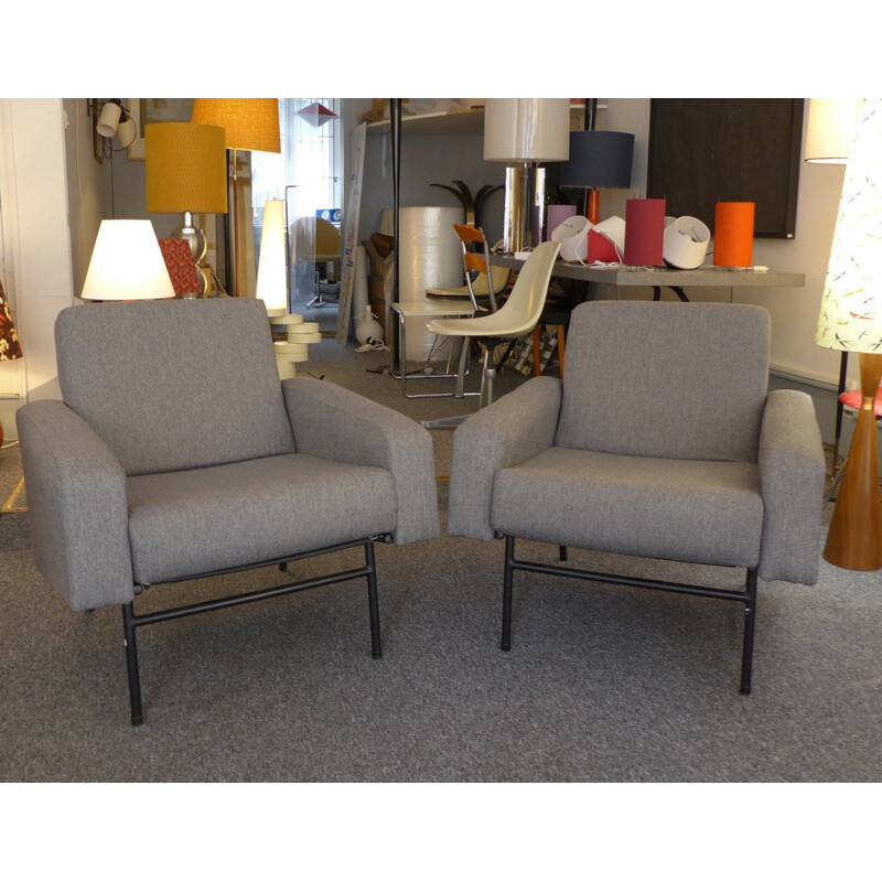 Set of 2 grey vintage armchairs by Pierre Guariche - 1960s