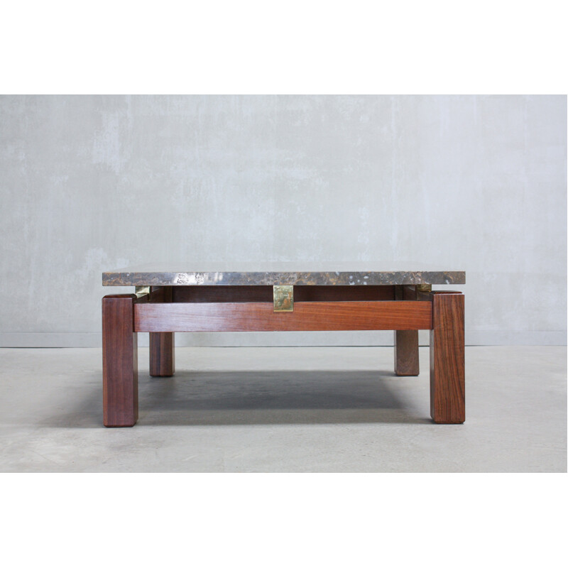 Table Basse Vintage Portugaise en marbre et bois - 1970