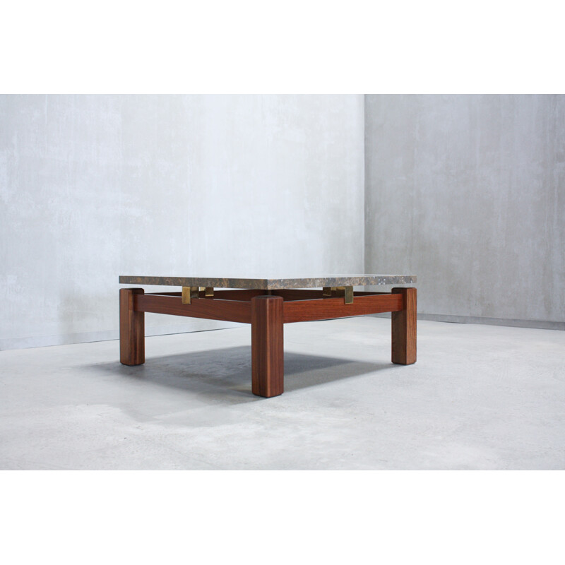 Vintage Portuguese Coffee Table in marble and wood - 1970s