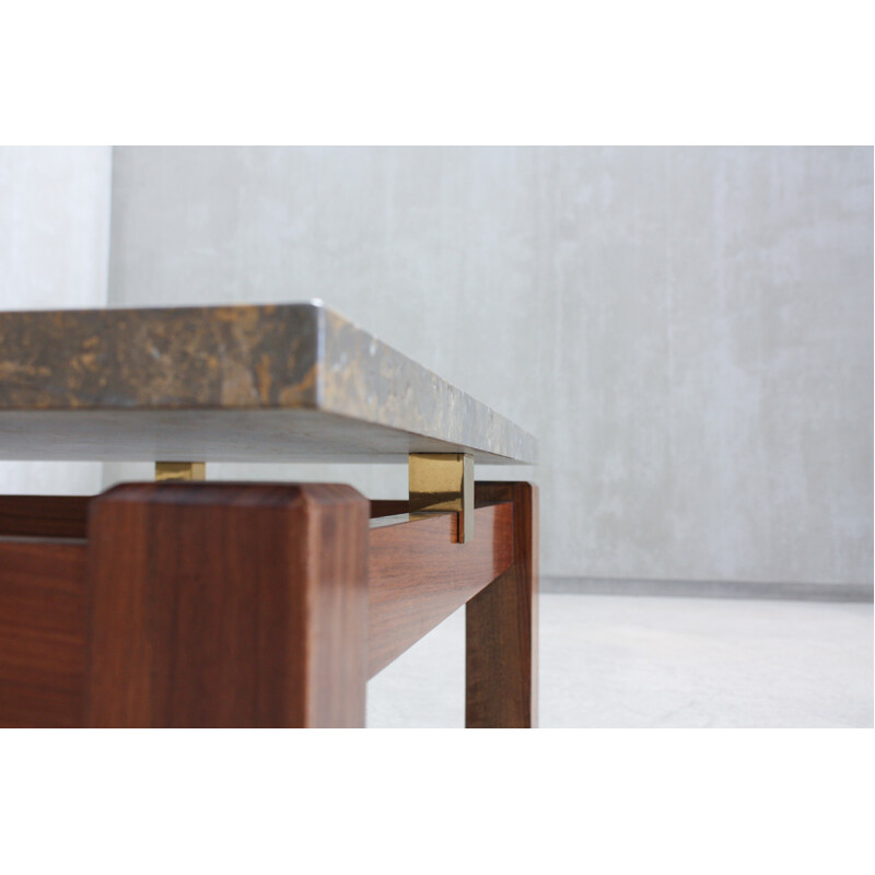 Table Basse Vintage Portugaise en marbre et bois - 1970