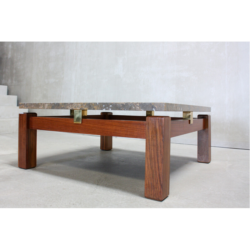 Vintage Portuguese Coffee Table in marble and wood - 1970s